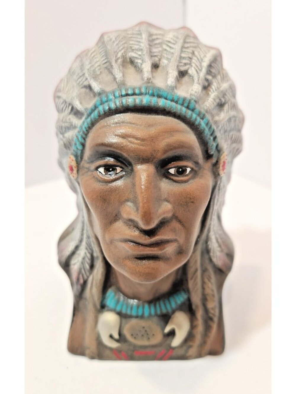 Vtg. Hand Painted Ceramic Native American Chief Bust Figurine Decor